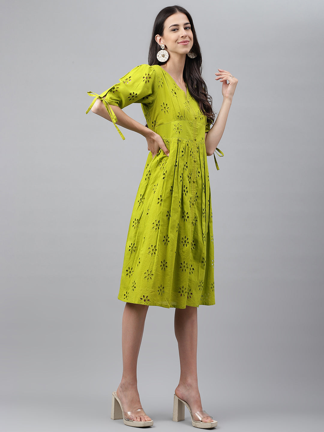 Women Lime Green Cotton Flared Casual Western Dress