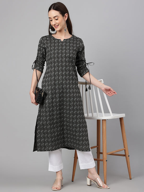 Women's Black Cotton Woven Design Straight Kurta | WomensFashionFun