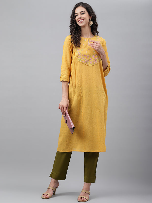 Women Yellow Dobby Cotton Solid A-Line Kurta | WomensFashionFun.com