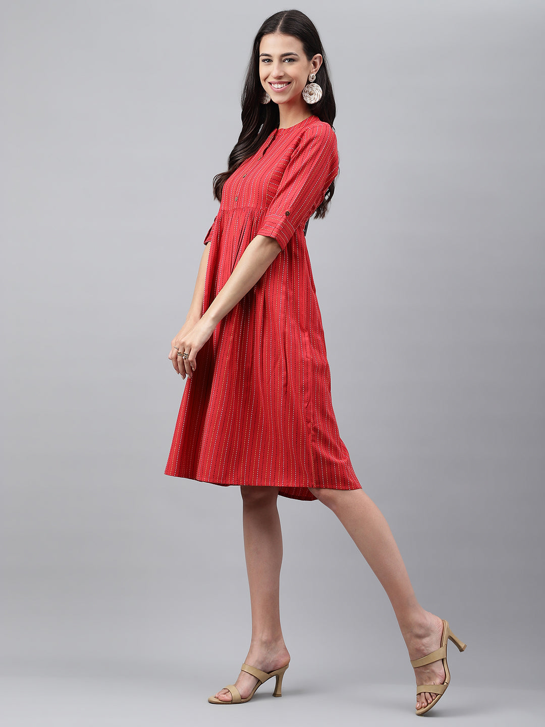 Women Red Cotton Flared Casual Casual Dress