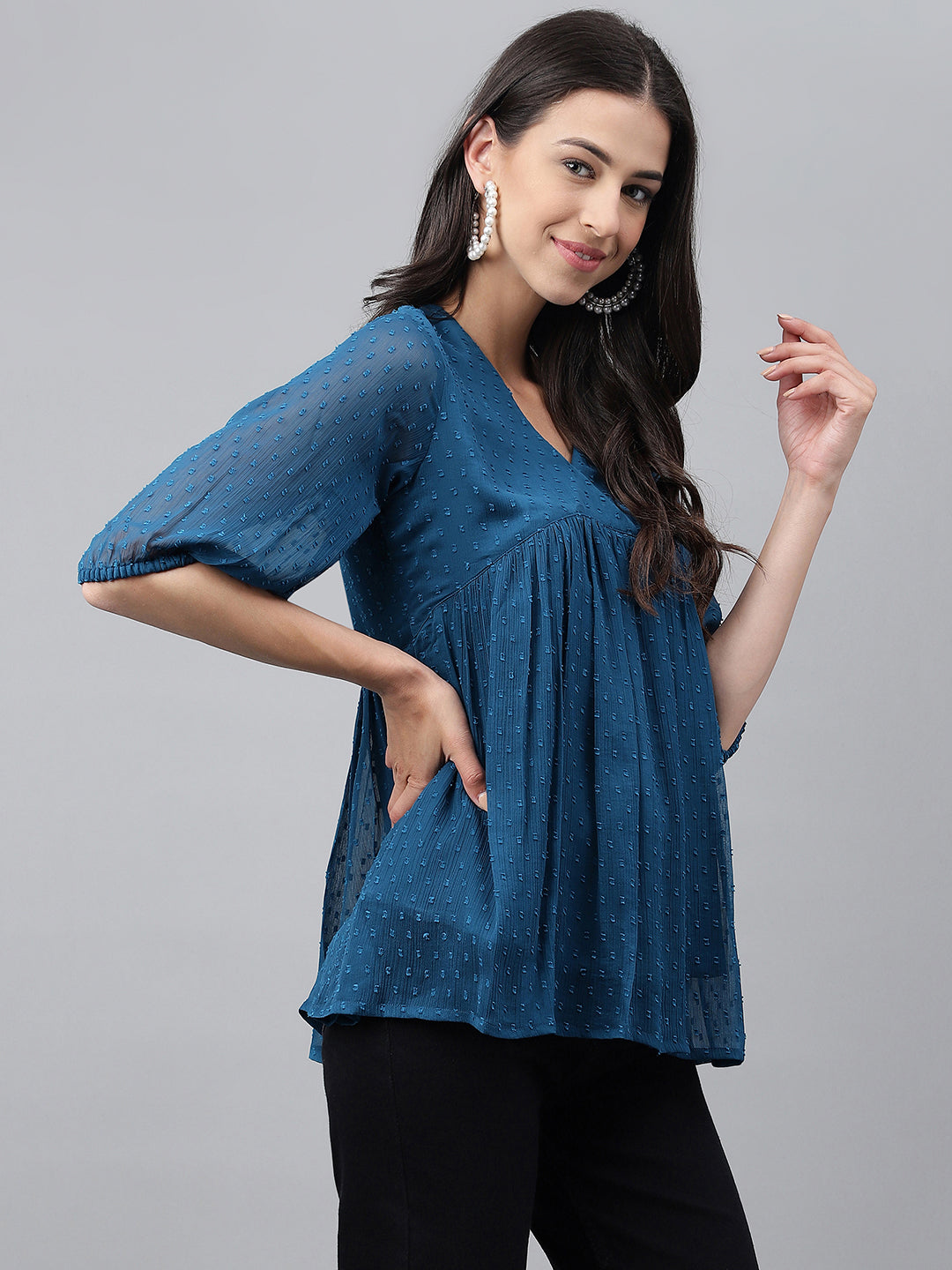 Women Teal Blue Dobby Chiffon Solid Empire Top
