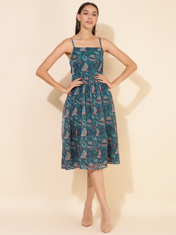 Women Blue Chiffon Lurex Digital Floral Printed Flared Dress | WomenFashionFun