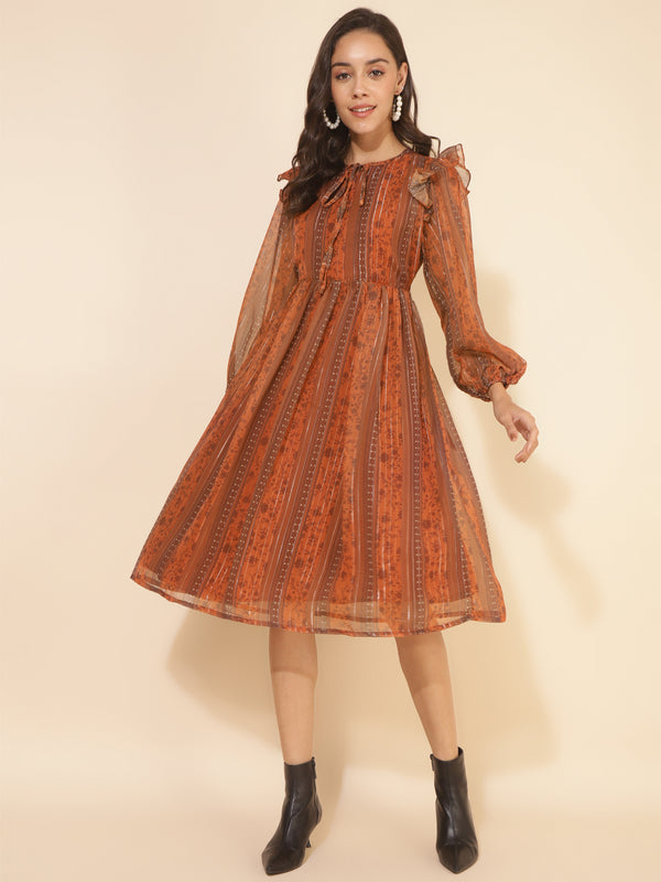 Women Rust Chiffon Lurex Floral Printed Gathered Dress | WomenFashionFun