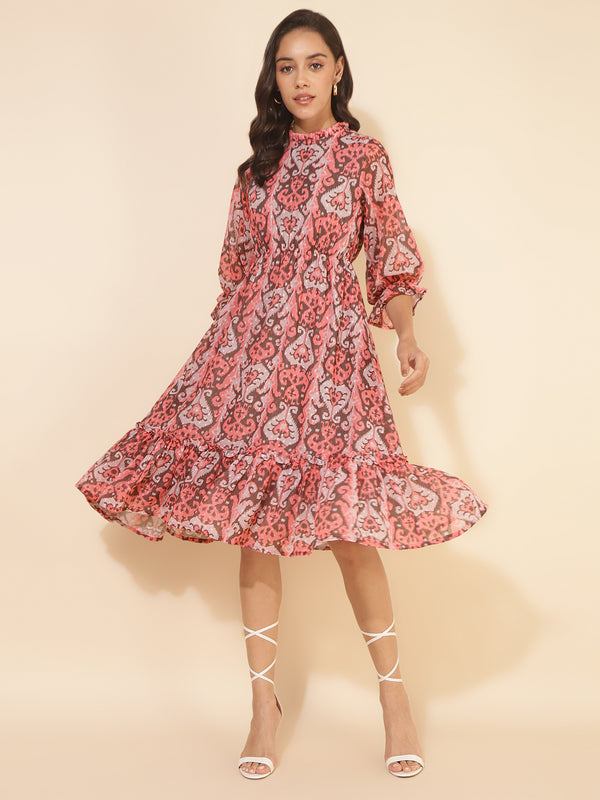 Women Peach Dobby Georgette Ikkat Printed Fit & Flared Dress | WomensfashionFun.com