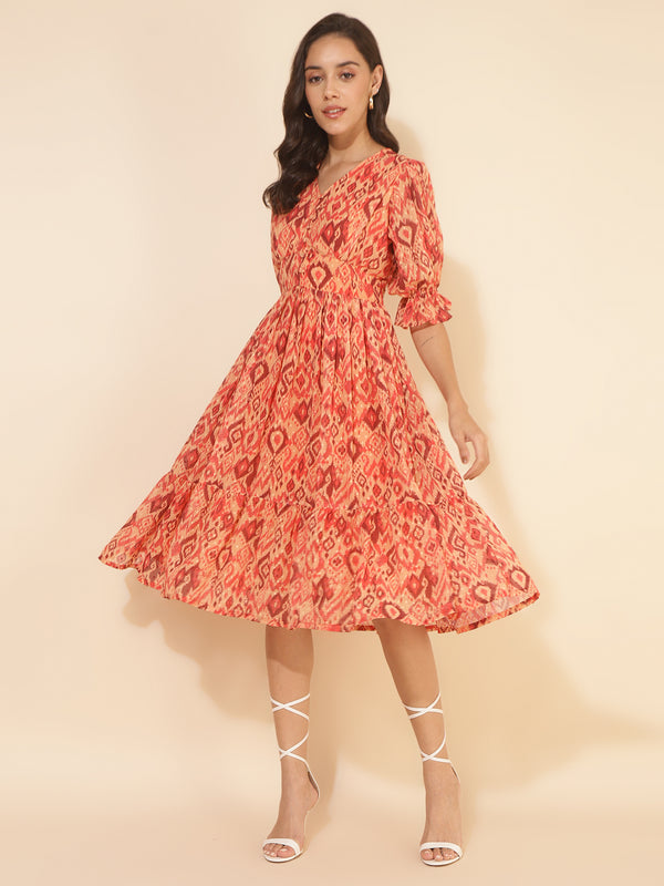 Women Mustard Dobby Georgette Ikat Printed Flared Dress | WomenFashionFun