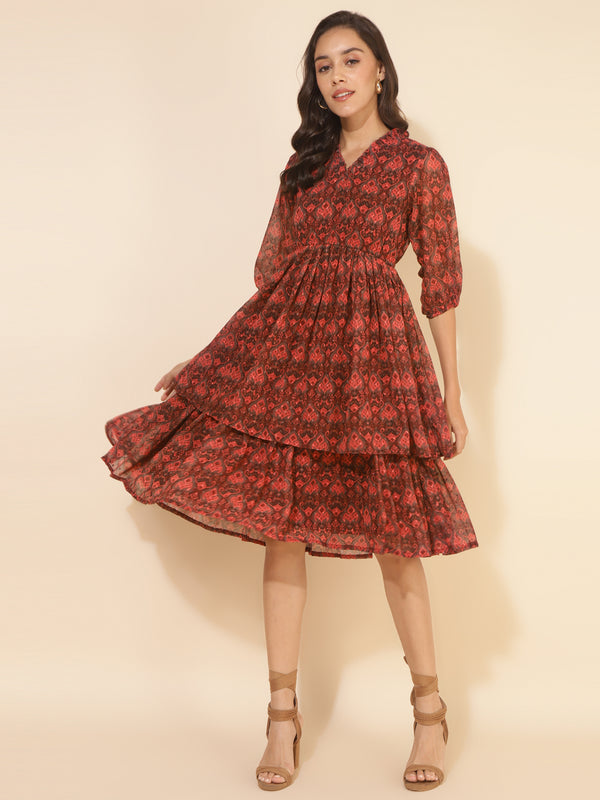 Women Brown Dobby Georgette Ikkat Printed Flared Dress | WomenFashionFun
