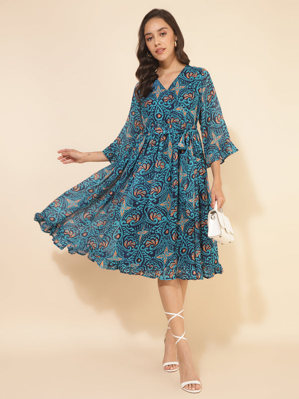 Women Blue Dobby Georgette Ikkat Printed Flared Dress | WomensfashionFun.com