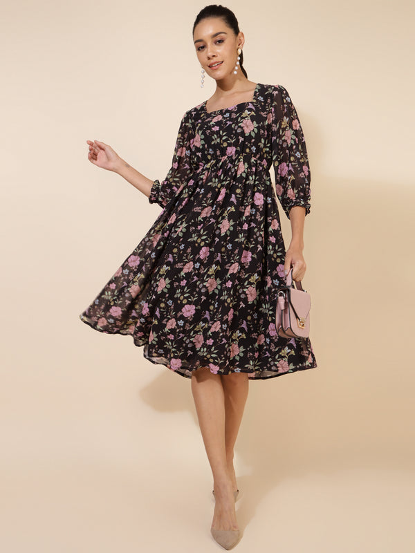 Women Black Georgette Floral Printed Flared Dress | WomenFashionFun