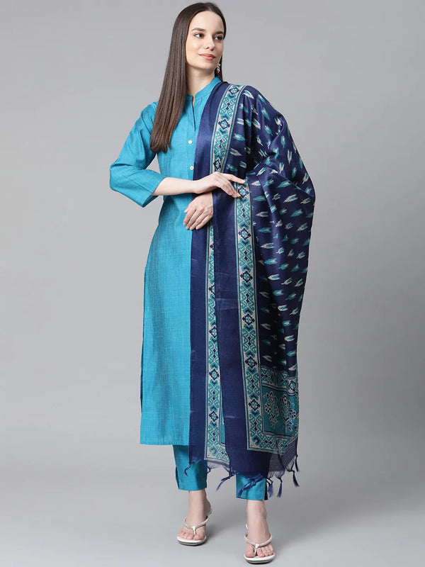 Women Blue & Green Self-Striped Kurta with Trousers & Printed Art Silk Dupatta | WomensfashionFun.com