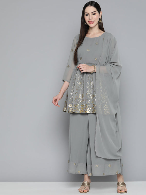 Floral Printed Pleated Grey Georgette Kurta with Palazzos & With Dupatta | WomensFashionFun