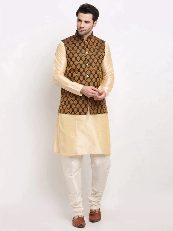 Men's Golden Dupion Silk Kurta with Churidar & Nehru Jacket | WomensfashionFun.com