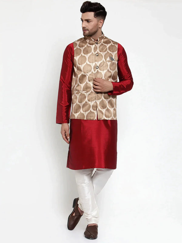 Men's Solid Dupion Kurta Pajama with Printed Nehru Jacket | WomensfashionFun.com