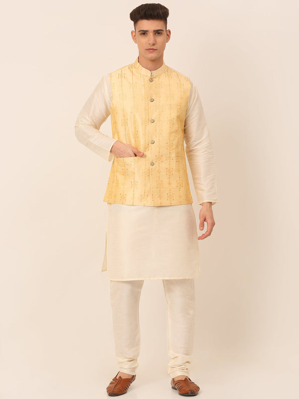 Men's Solid Dupion Silk Kurta Pyjama With Embroidered Nehru Jacket | WomensFashionFun