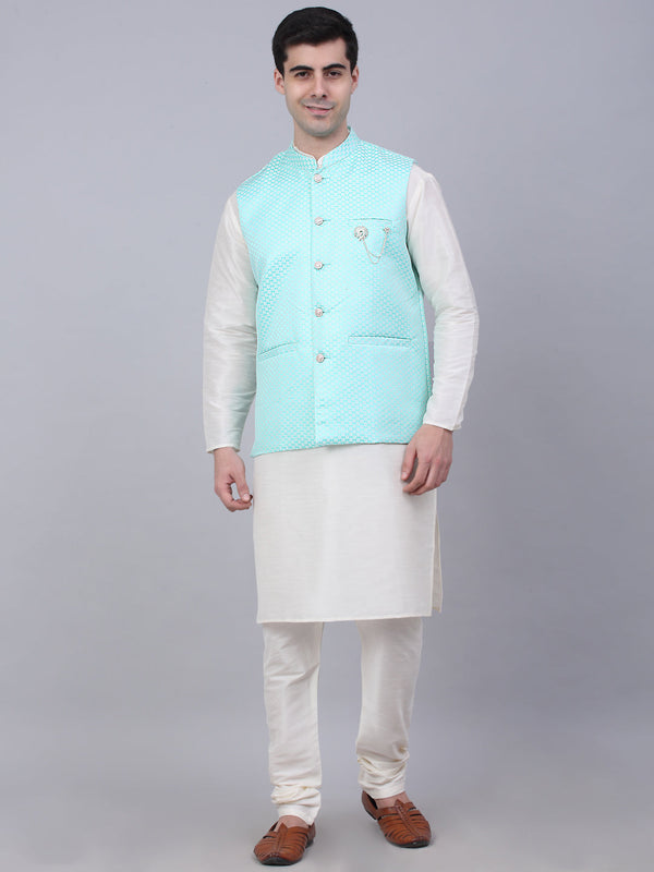 Men's Solid Kurta Pyjama With Woven Design Nehru Jacket | WomensFashionFun