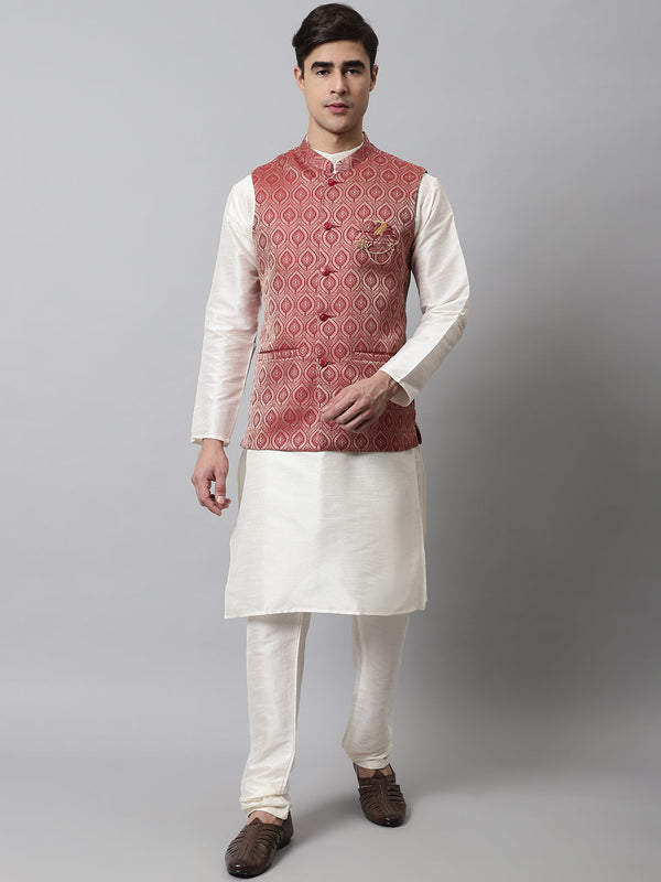 Men Off White Solid Kurta Pyjama with Maroon Woven Design Nehru Jacket | WomensFashionFun