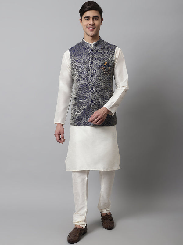 Men Off White Solid Kurta Pyjama with Navy Blue Woven Design Nehru Jacket | WomensFashionFun