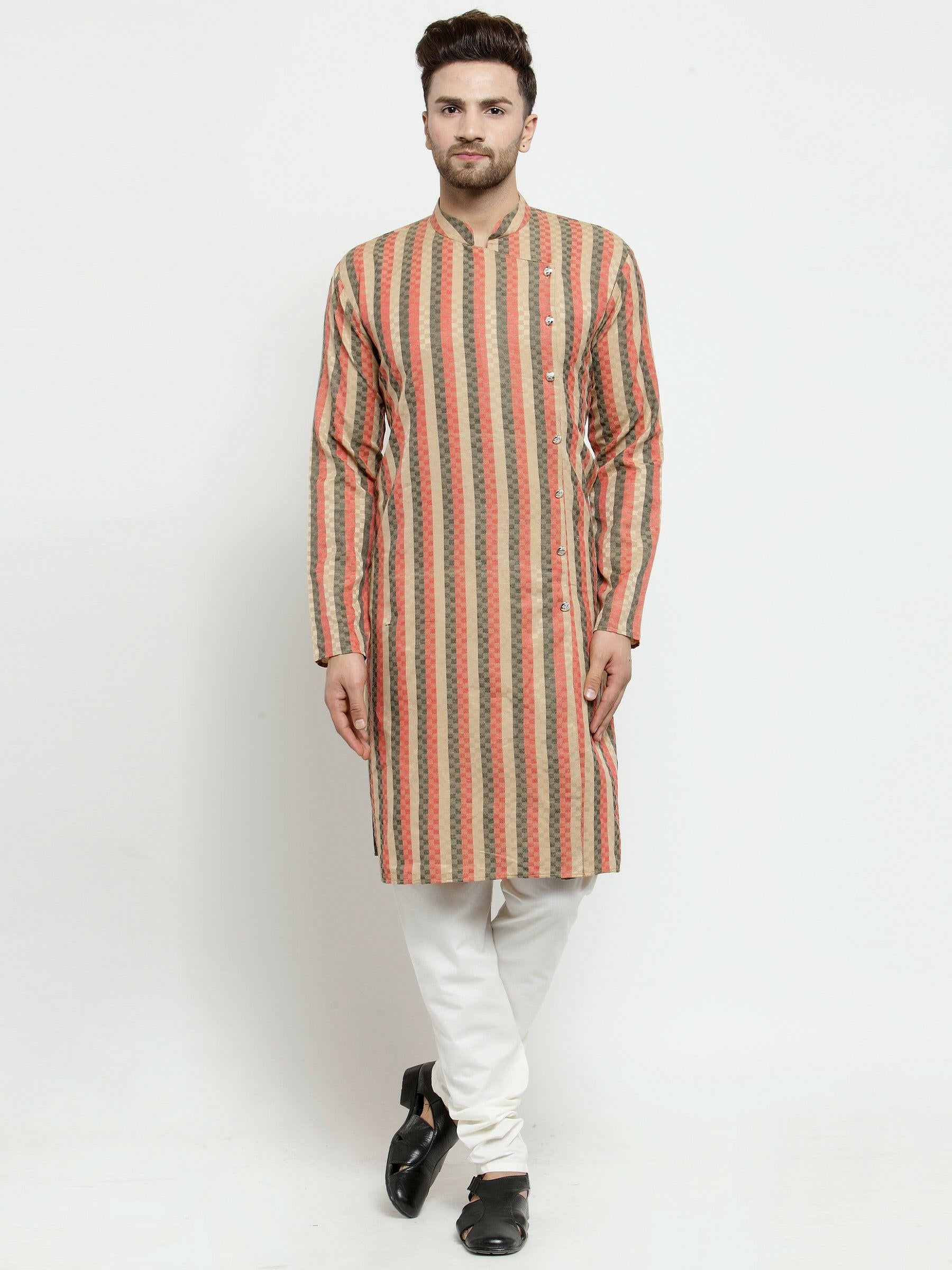 Men Red and black Self Design Stripped Kurta Only