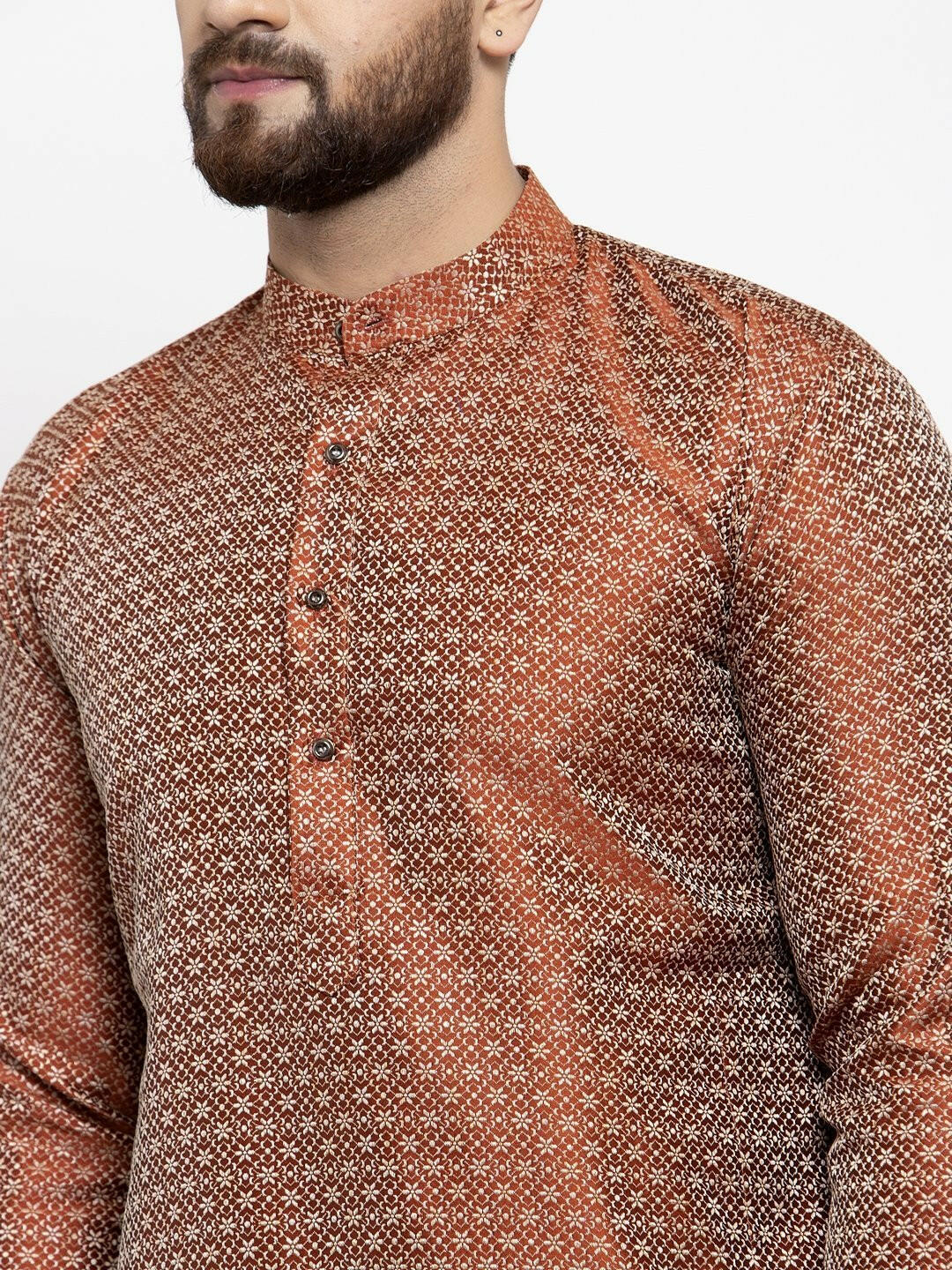 Men Orange & White Woven Design Kurta with Churidar