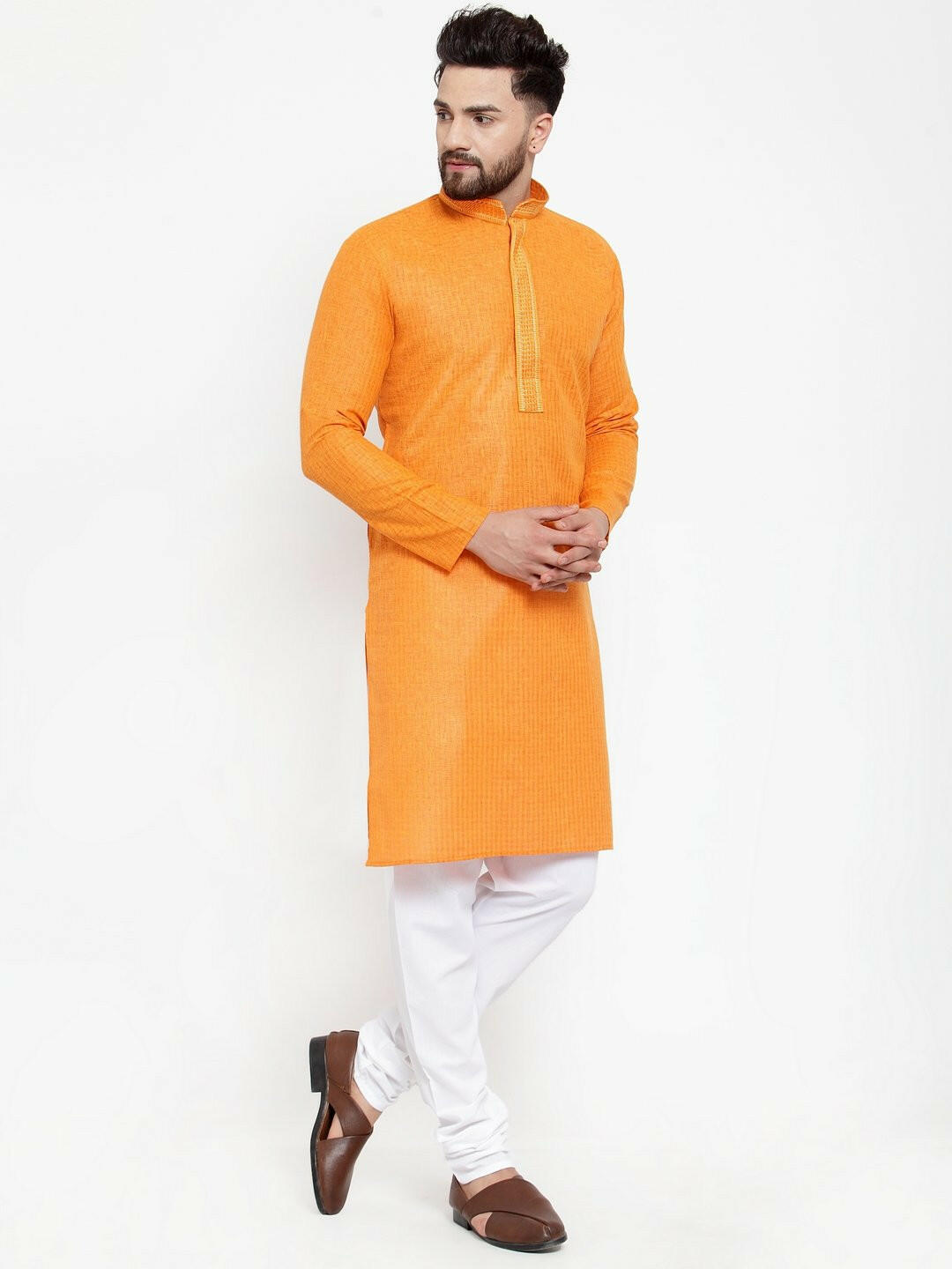 Men Orange & White Embroidered Kurta with Churidar