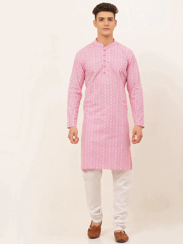 Men's Pink & White Embroidered Straight Kurta Pyjama Set | WomensFashionFun