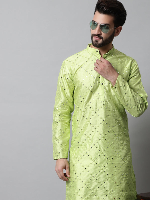 Men Lime Green Embroidered Mirror Work Dupion Silk Kurta with Pyjamas | WomensFashionFun