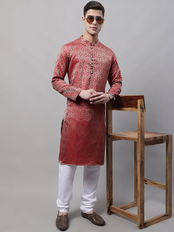 Men Ethnic  Maroon Woven Design Kurta with Pyjamas | WomensfashionFun.com