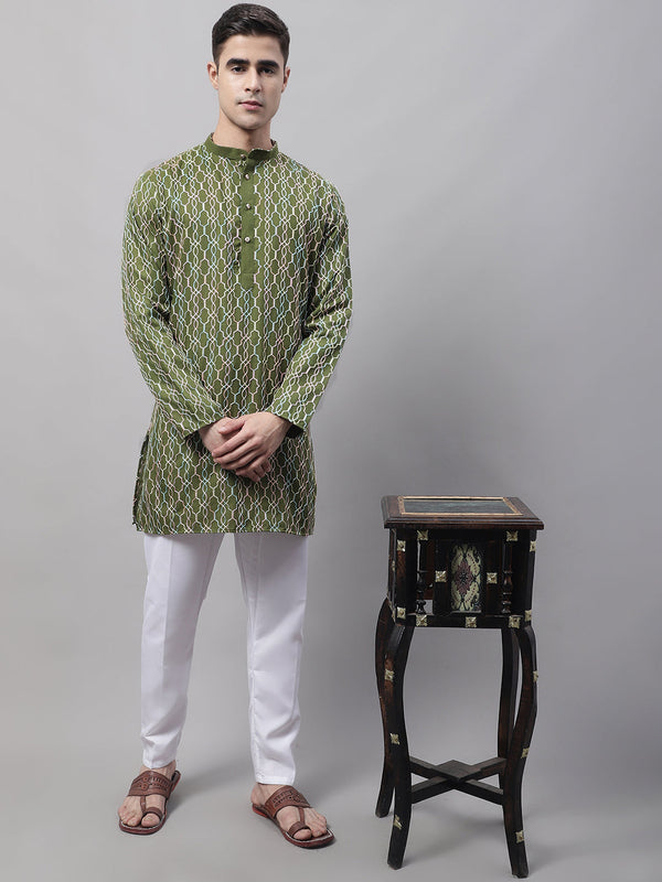Men's Olive Green and Multi Coloured Embroidered Straight Kurta Pyjama Set | WomensfashionFun.com