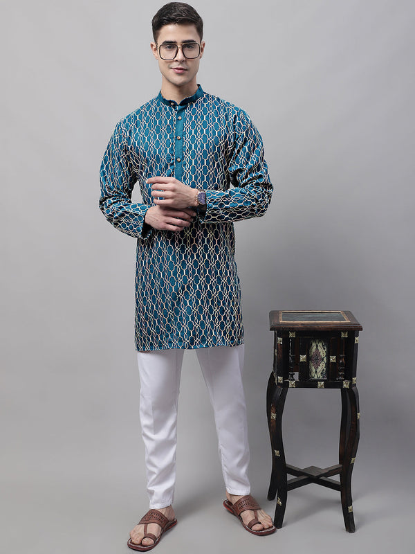 Men's Teal Blue and Multi Coloured Embroidered Straight Kurta Pyjama Set | WomensfashionFun.com