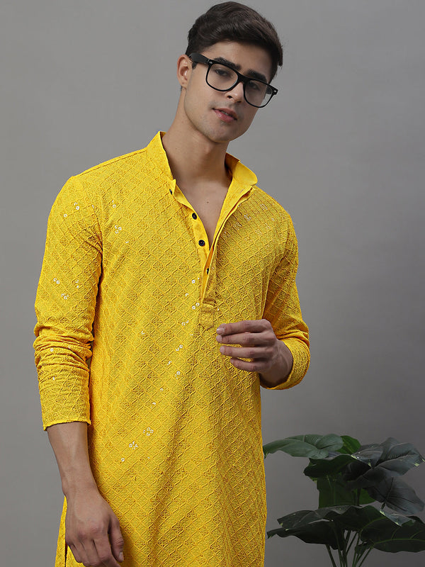 Men's Yellow Chikankari Embroidered and Sequence Kurtas | WomensfashionFun.com