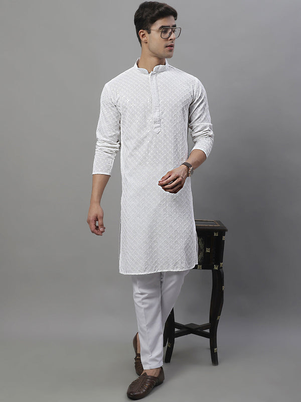 Men's White Chikankari Embroidered and Sequence Kurta with Pyjama. | WomensfashionFun.com