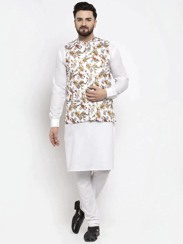 Men's Solid Cotton Kurta Pajama with Printed Waistcoat | WomensfashionFun.com
