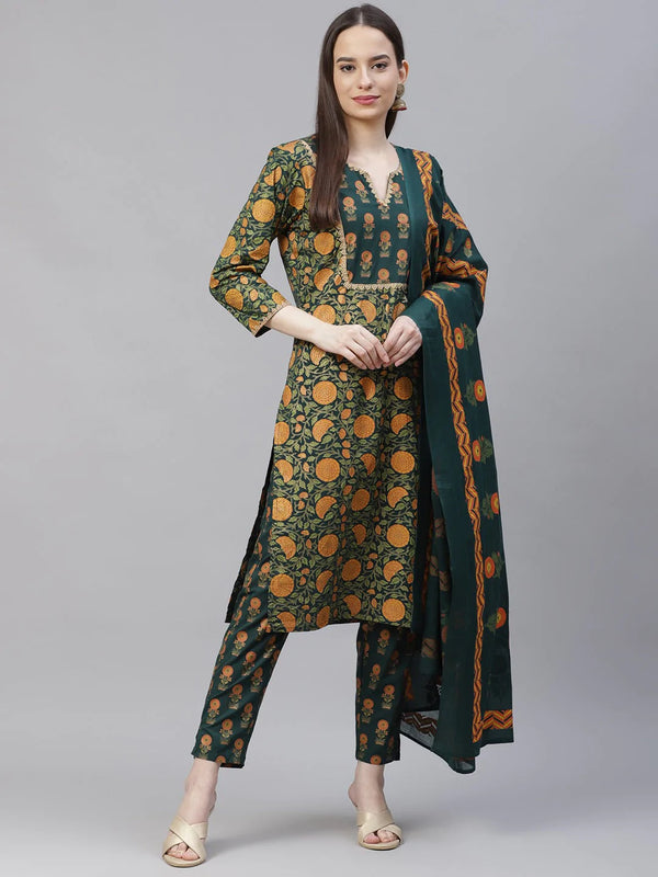 Women Green Ethnic Motifs Printed Pure Cotton Kurta with Trousers & Dupatta | WomensFashionFun