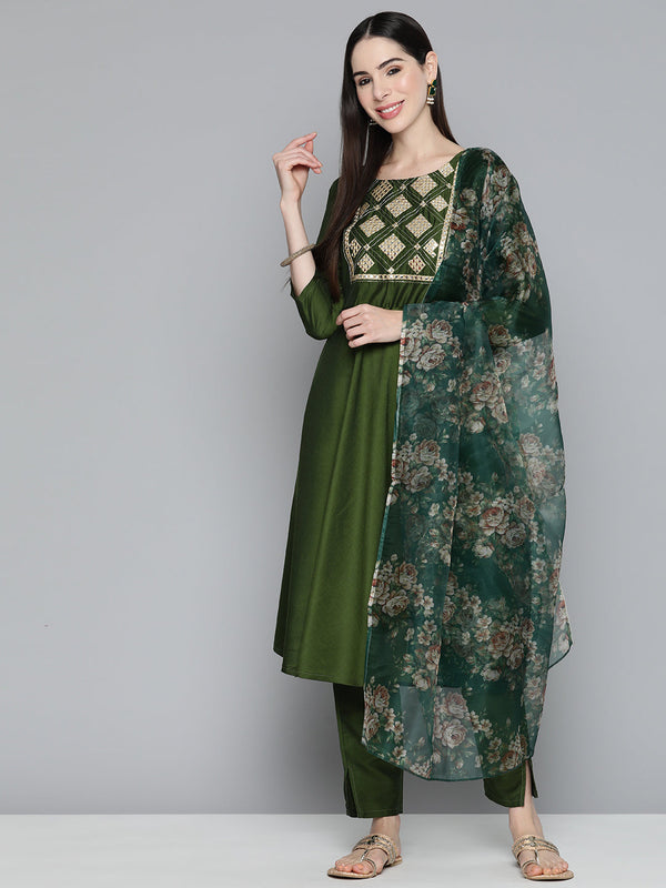Olive Green Floral Embroidered Mirror Work Kurta with Trousers & With Dupatta | WomensfashionFun.com