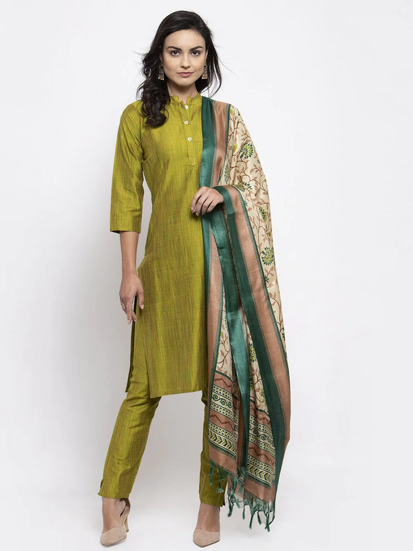 Women Green Self-Striped Kurta with Trousers & Art Silk Dupatta | WomensfashionFun.com