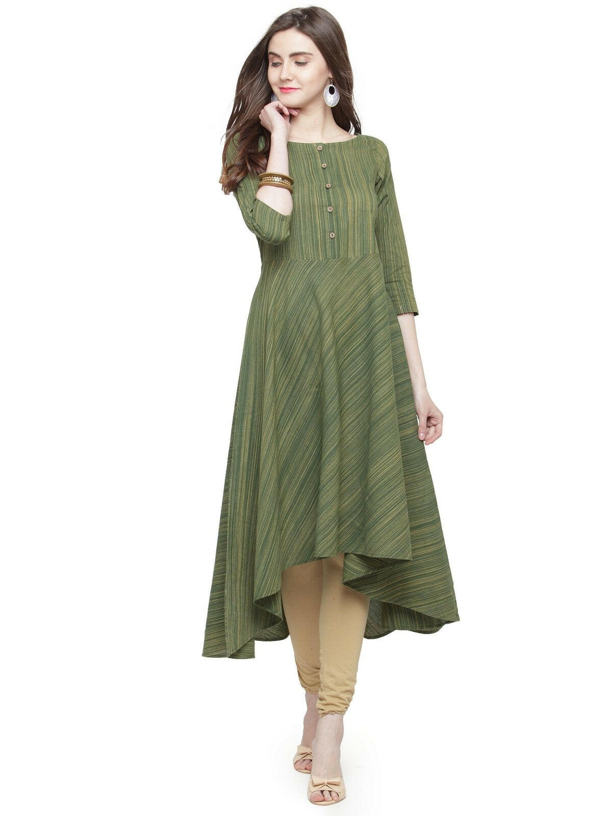 Green Woven Design Flared Kurta - womensfashionfun