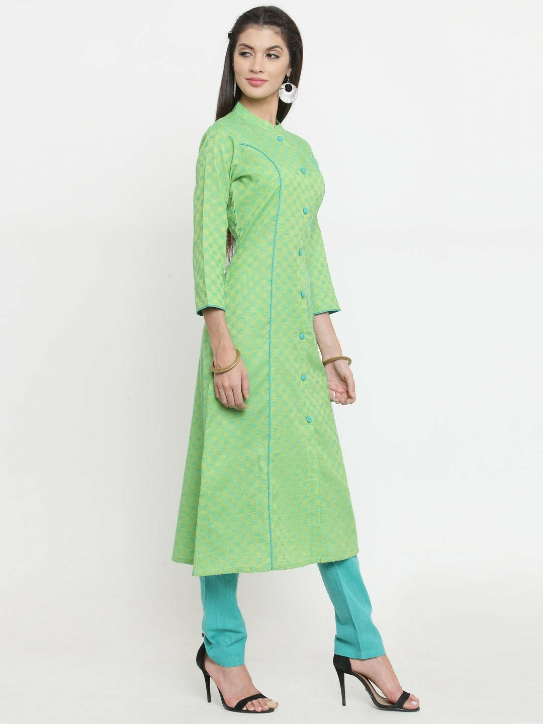 Green-Coloured, Woven Design A-Line Kurta - womensfashionfun