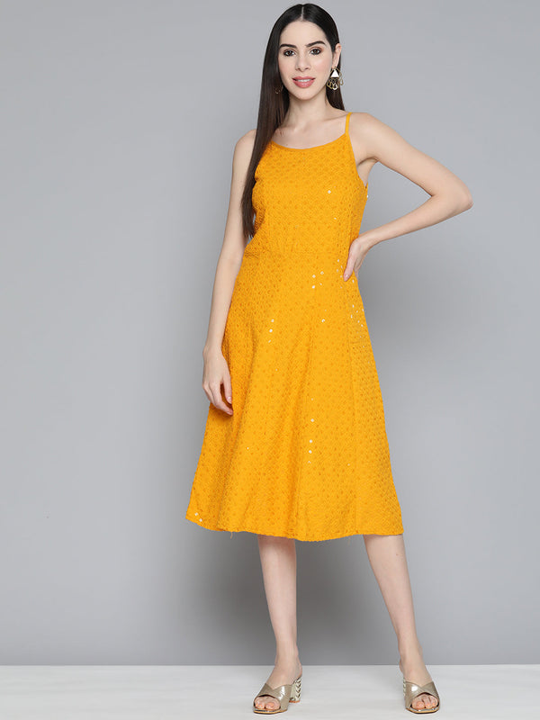 Mustard Floral Sequin Embroidered A-Line Midi Dress | WomensFashionFun
