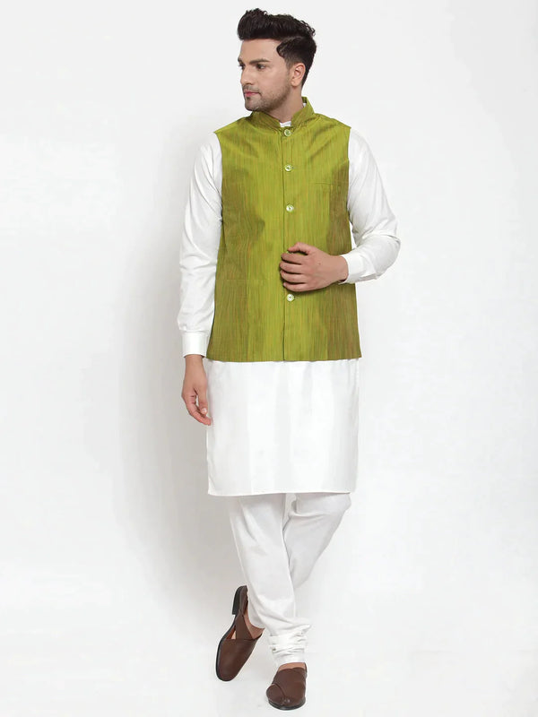 Men's White Solid Kurta with Pyjamas & Green Nehru Jacket | WomensfashionFun.com