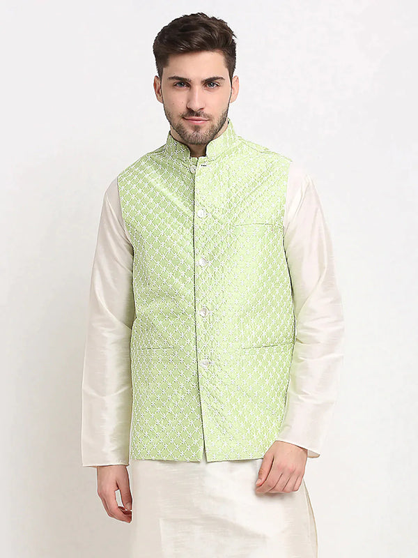 Men's Green Green and White Embroidered Nehru Jacket | WomensFashionFun