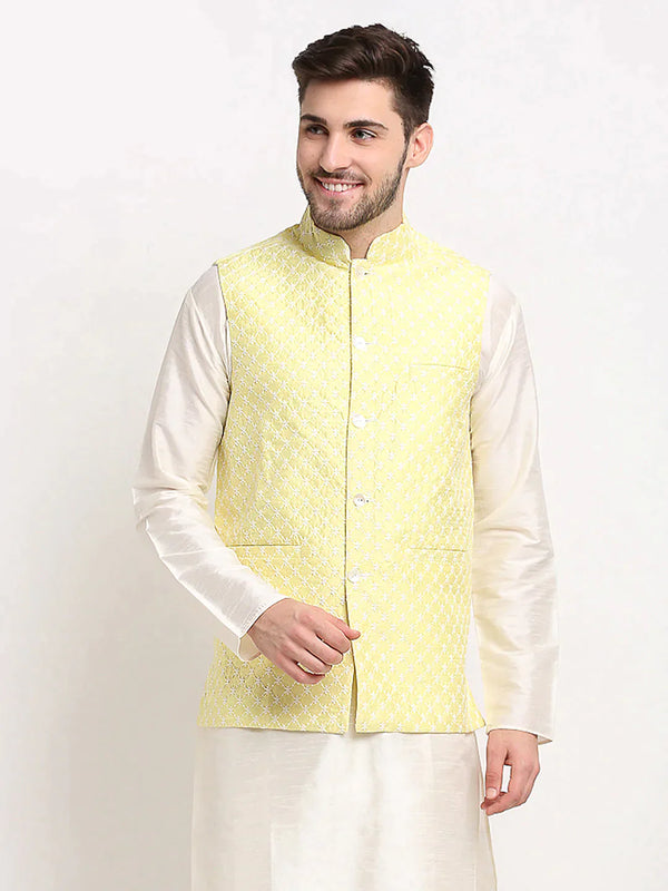 Men's Yellow Yellow and White Embroidered Nehru Jacket | WomensFashionFun
