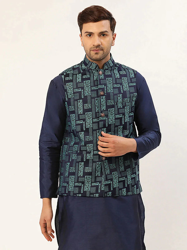 Men's Blue Woven Design Nehru Jacket | WomensFashionFun