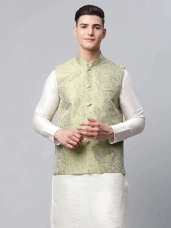 Men's Pista Green Printed textured Nehru Jacket | WomensFashionFun