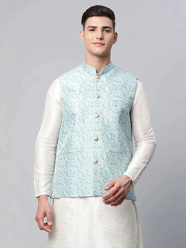 Men's Sky Blue Printed textured Nehru Jacket | WomensFashionFun