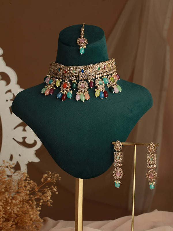 Multicolor Studded Floral Beads Choker Jewellery Set with Maangtikka | WOMENSFASHIONFUN.