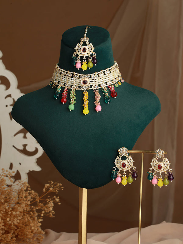 Multicolor Pearl Beaded Gold-Plated Choker Jewellery Set with Maangtikka | WOMENSFASHIONFUN.