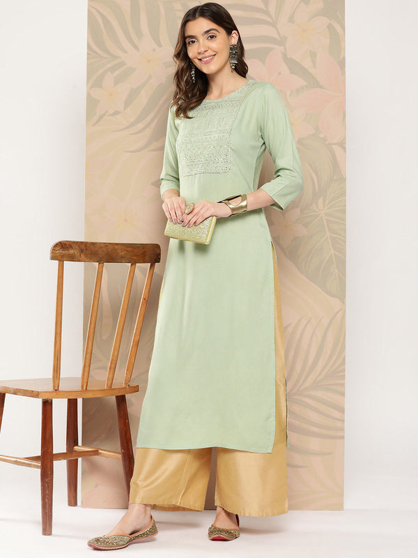 Women Green Embroidered Printed Straight Kurta With Three Quarter Sleeves