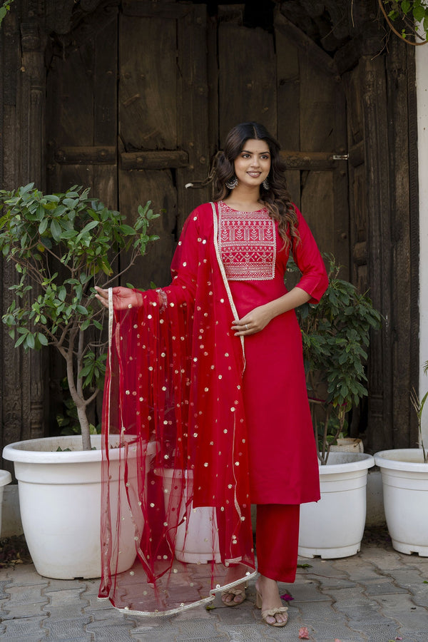 Women Red Embroidered Straight Kurta With Trouser And Net Dupatta | WomensFashionFun.com
