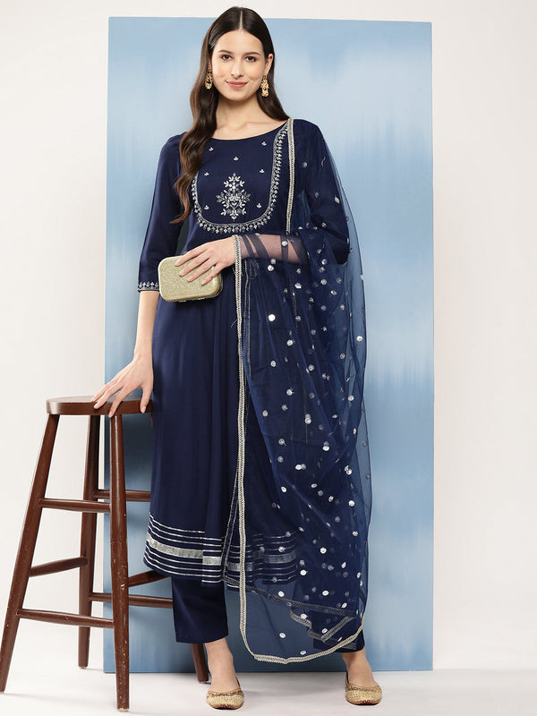Women Navy Blue Embroidered Anarkali Kurta With Trouser And Dupatta | WOMENSFASHIONFUN