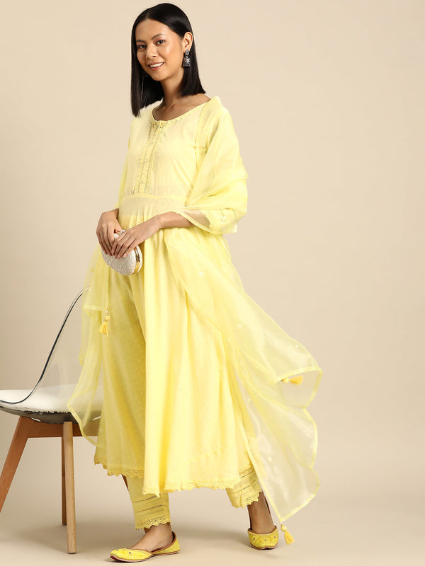 Women Yellow Lace Detailing Kurta With Trouser And Scalped Dupatta | WOMENSFASHIONFUN