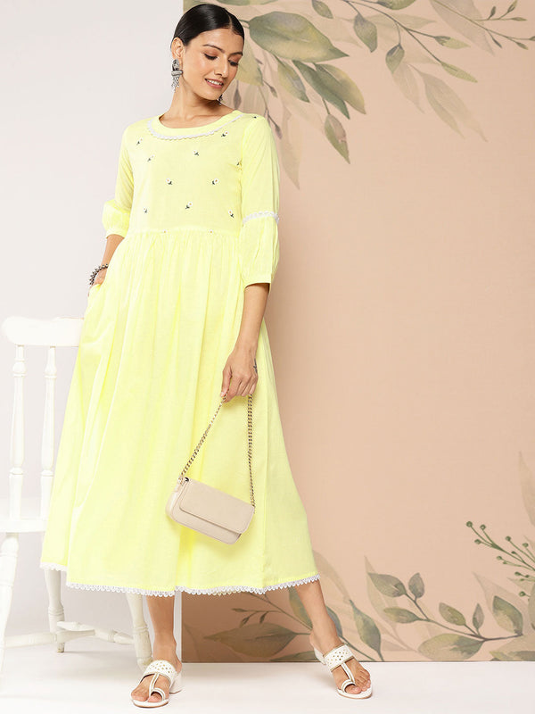 Women Yellow Embroidered Flared Dress With Three Quarter sleeves | WOMENSFASHIONFUN